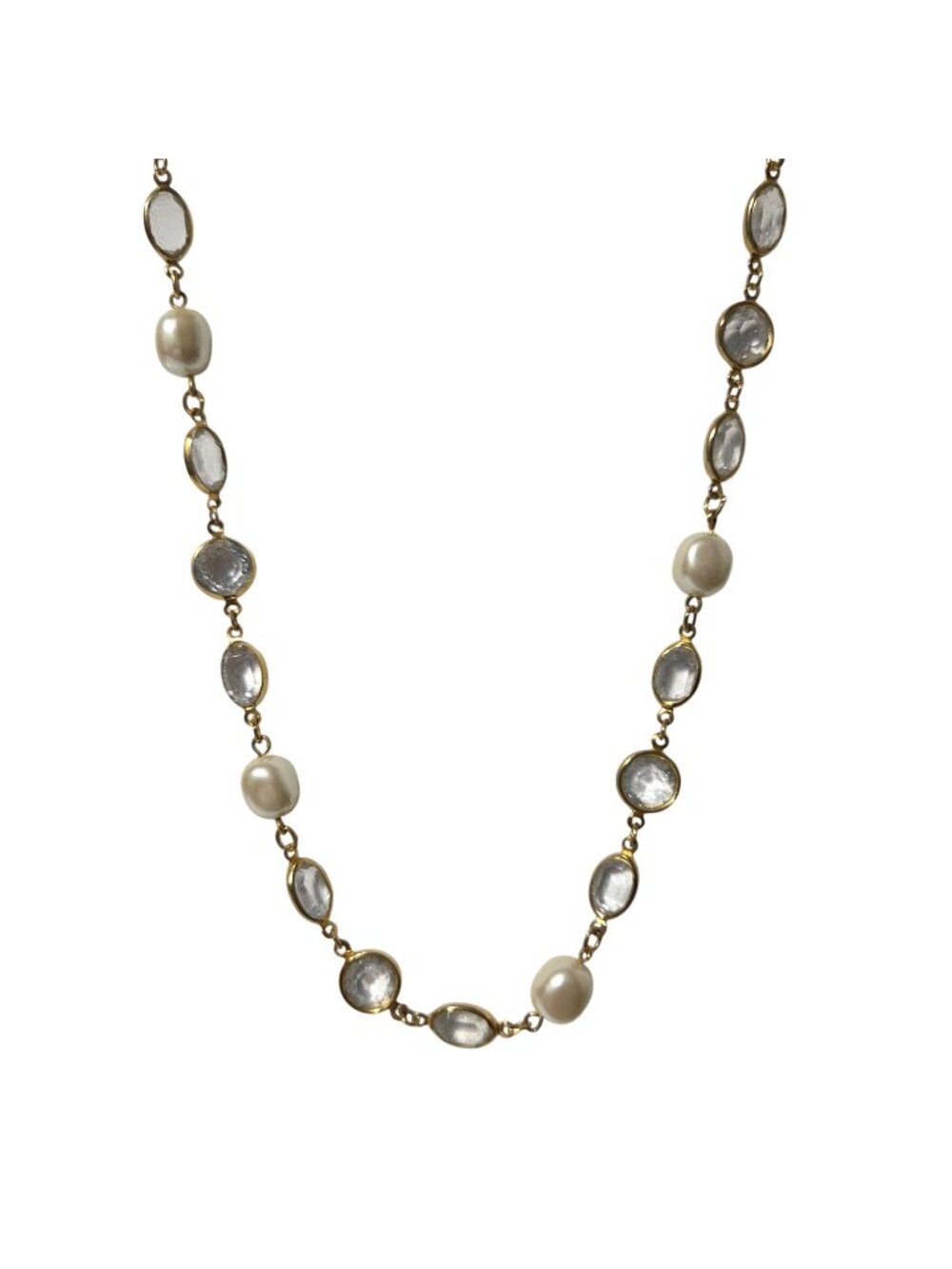 Retro Beaded Necklace Faux Pearls Clear Oval Beads Gold Tone Fashion Jewelry